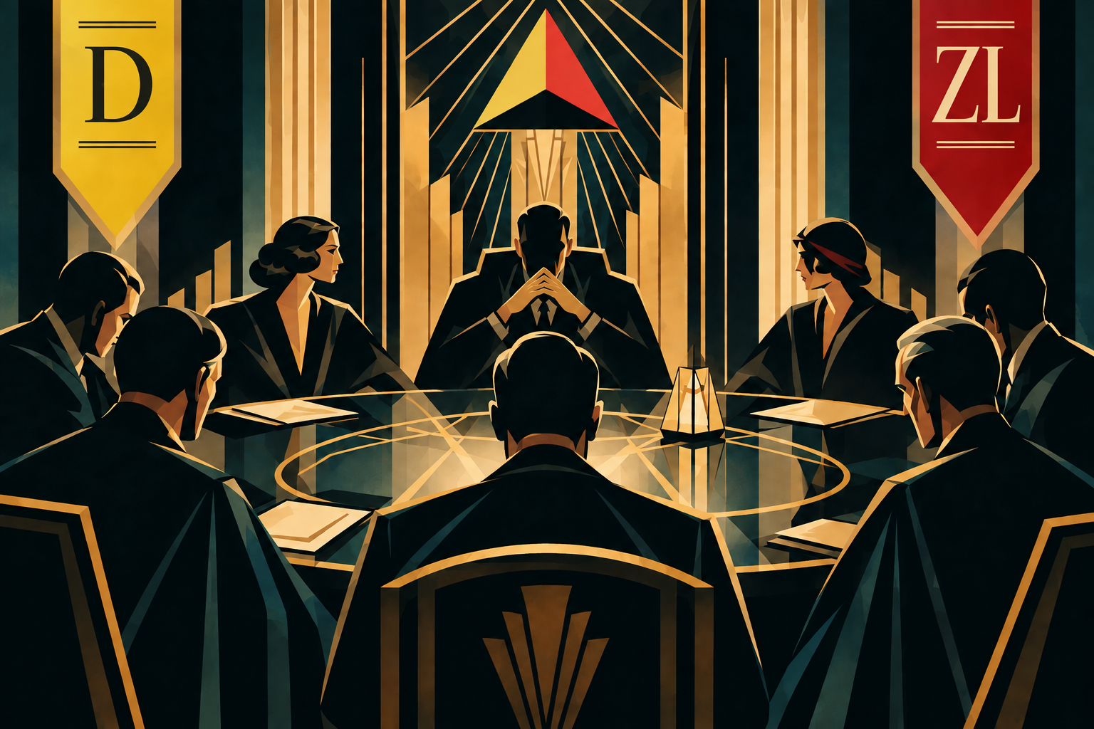 Réunion autour d'une table, bannières Dysruption et La Zone Libre, style Art déco