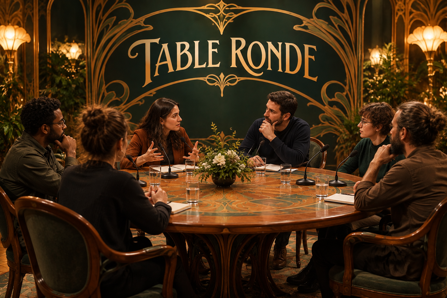 Participants réunis autour d'une table ronde dans un salon feutré