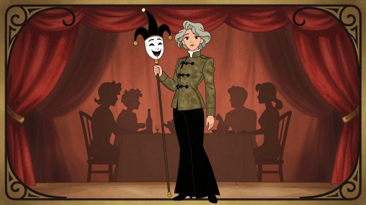 Illustration de l’article « Bouffonne » : Flavie Romer dans une scène évoquant le texte, style Art nouveau