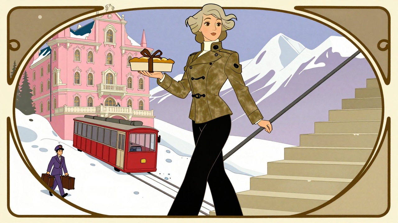 Illustration de l’article « Tous logés au Grand Budapest Hotel » : Flavie Romer dans une scène évoquant le texte, style Art nouveau