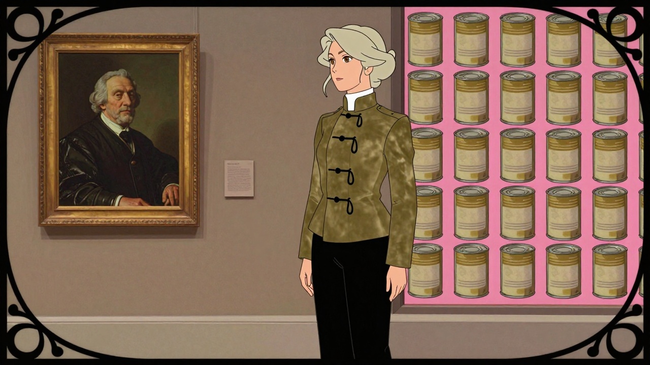 Illustration de l’article « Oui, Warhol c’est franchement moins bien que Rembrandt ! » : Flavie Romer dans une scène évoquant le texte, style Art nouveau