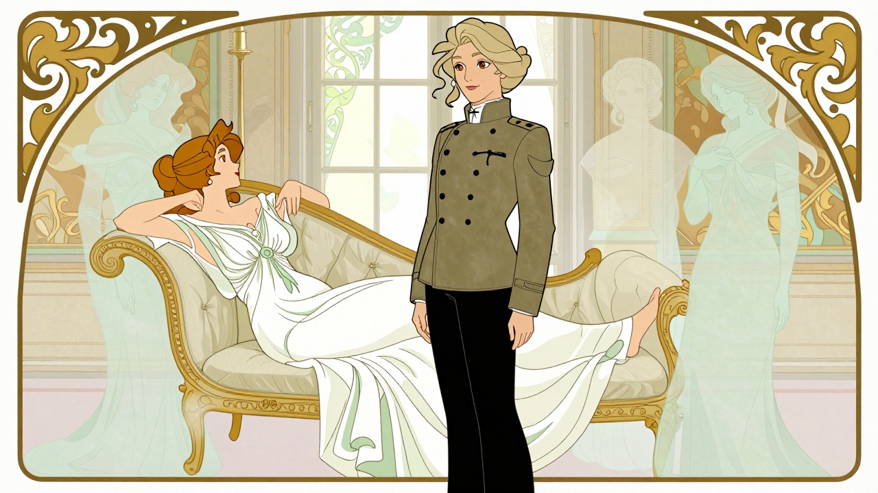Illustration de l’article « Juliette des esprits » : Flavie Romer dans une scène évoquant le texte, style Art nouveau