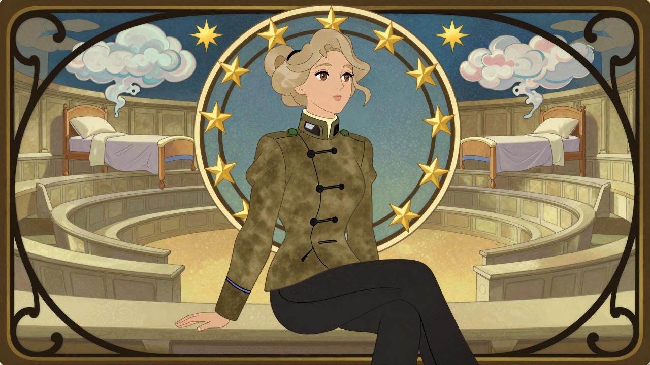 Illustration de l’article « L’arène européenne fait « chambre commune et rêves à part » » : Flavie Romer dans une scène évoquant le texte, style Art nouveau