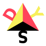 Sigle DYS-SOCIETY : triangle jaune, rouge et noir avec les lettres D, Y et S