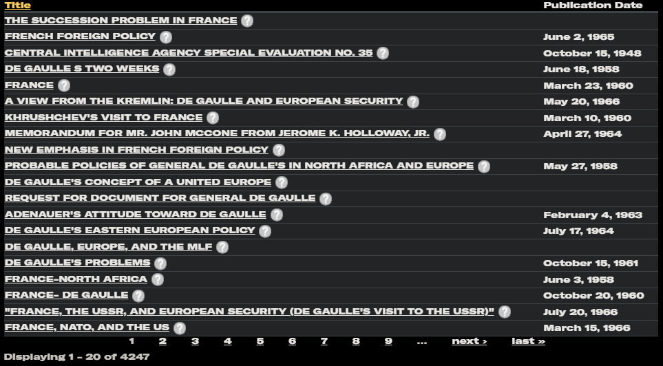 Liste des vingt premiers résultats de la recherche « De Gaulle » sur le site de la CIA